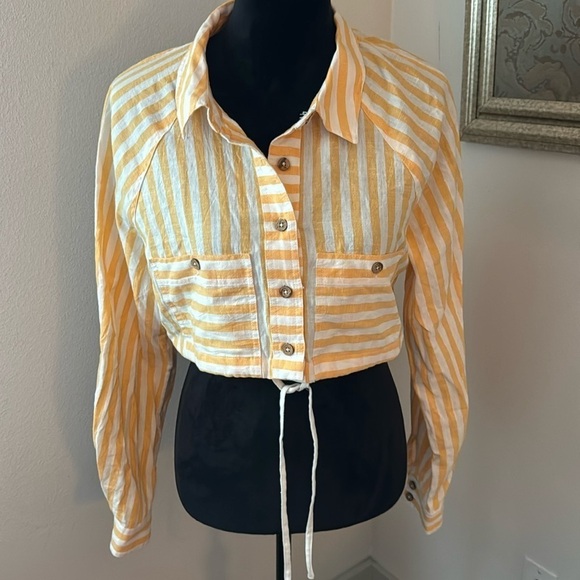 Free People Freddie Stripe crop buttoned down long sleeves cotton linen blend S - Picture 2 of 9